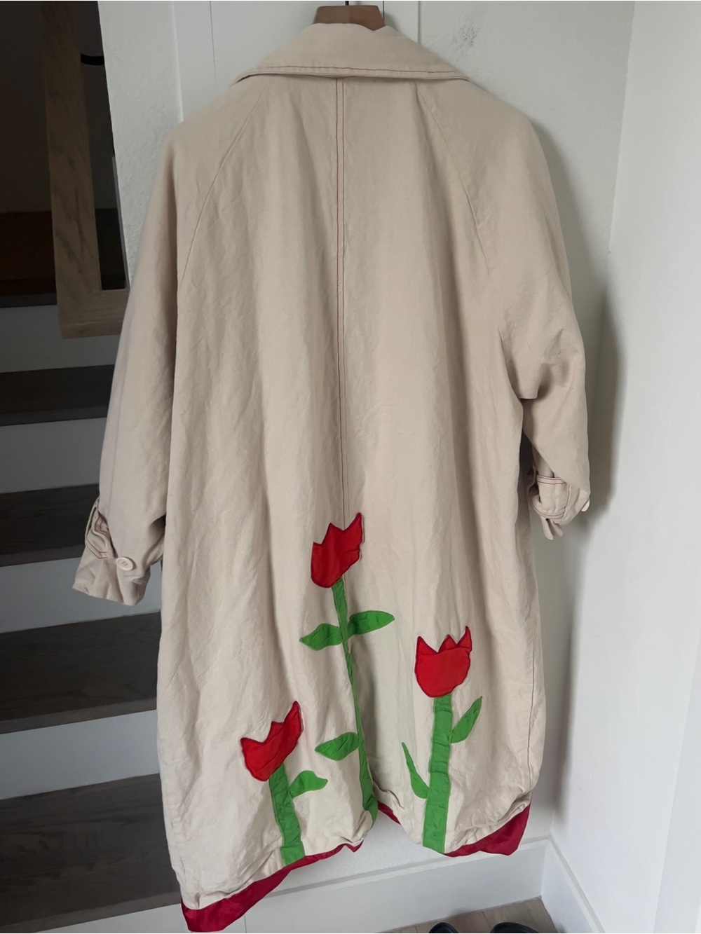 Anthropologie Boyko Tulip Trench Coat Jacket in Beige and Red - Picture 4 of 7